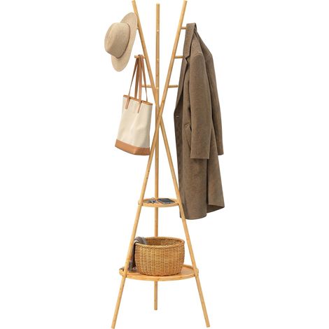 Porte-vêtements couleur naturelle avec 9 crochets et 2 étagères, idéal pour suspendre manteaux et accessoires tout en optimisant le rangement dans l'entrée. (1/5)