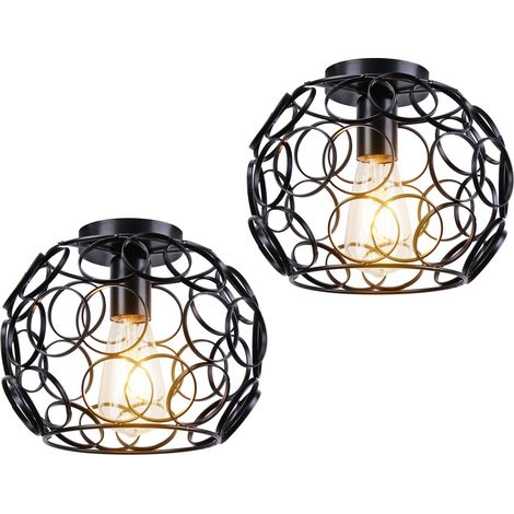 2PCS Lampe De Plafond Luminaire Cage Ronde Luminaire Plafonnier En Fer Métallique Plafonnier Rétro Vintage Pour Club Bar Café Noir
