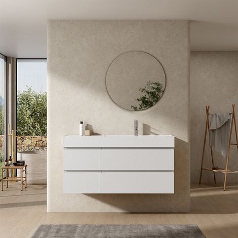 Mobile bagno sospeso 120 cm Bianco Lavabo a Destra in Resina Specchio Tondo - Fiji Wood (1/4)