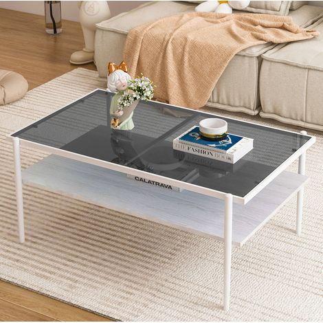Rechteckiger Couchtisch aus Hartglas, 97,5 x 61,5 x H45 cm, Grau und Weiß HAVRYA (1/5)