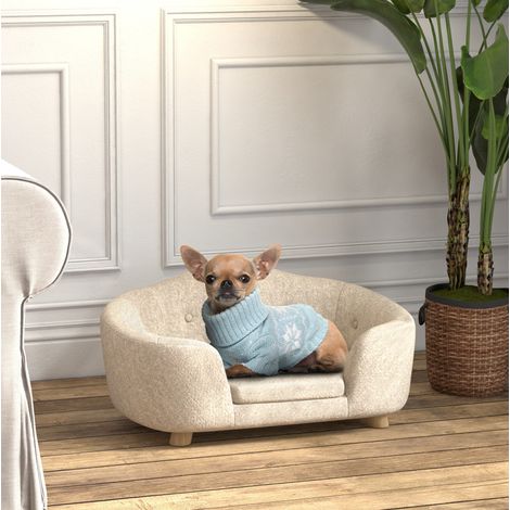 Divano per cani, 70x47x30cm Struttura solida seduta, con tasche posteriori, accogliente legno bianco crema per gatti e cani (1/5)