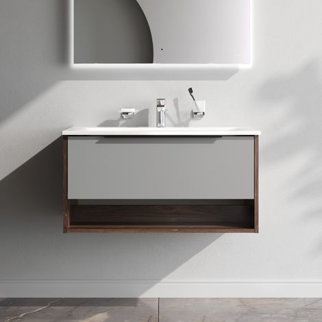 Am.Pm – Meuble sous vasque simple 80 cm – Lavabo suspendu en porcelaine émaillée – Meuble en LDPE durable avec tiroir et niche ouverte
