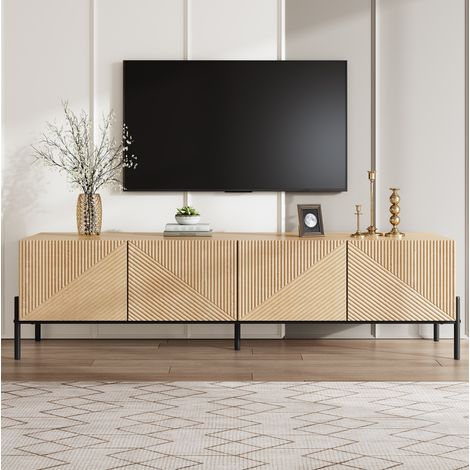Meuble TV MDF naturel 163,5 x 40 x 45 cm, 4 portes, texture 3D, pieds en métal noir, ouverture push-to-open (1/5)