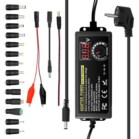 Alimentation Universelle 72W,3V-24V & 3A Max –Tension réglable,Adaptateur Secteur AC/DC 100-240V avec Affichage LED+14 Embouts pour appareils électroniques domestiques,Ordinateurs Portables,routeurs