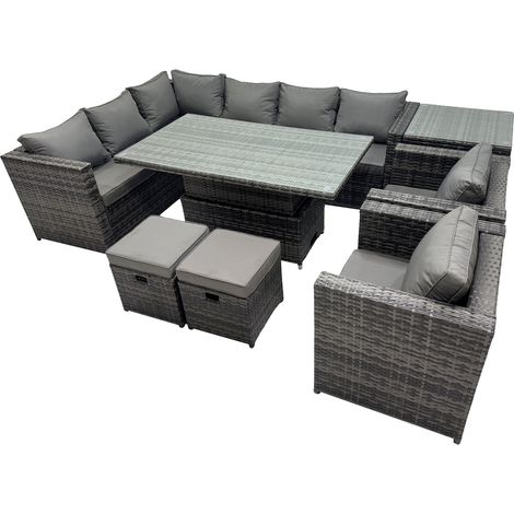 Fimous 10-seater Height Adjustable Rising Lifting Table Corner Sofa Set Rattan Garden Furniture Dining Set with 2 Small Stool Side Table Dark Grey Mixed (1/5)