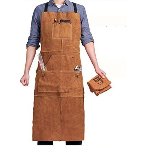 Tablier de soudeur en cuir ignifuge avec 6 poches – réglable M à XXXL, idéal pour forgerons, mécaniciens et menuisiers