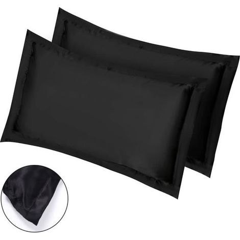 Lot de 2 Taie d’oreillers Housse de Coussin Soie Satin 84x54 Super Douceur Cheveux Protéger pour Chambre Noir (1/4)