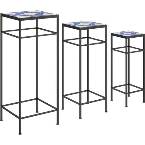 Set de 3 soportes para plantas de metal con mosaico azul y blanco, 71 cm (1/4)