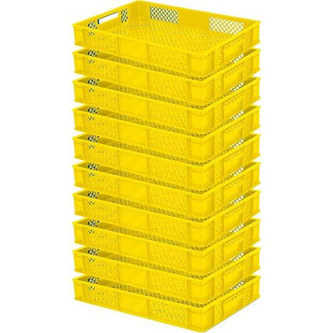 BRB lot de 10 Bac gerbable normes Europe à parois et fonds ajourés - L x l x h 600 x 400 x 90 mm - jaune (1/2)