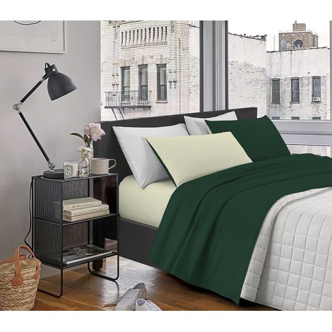 Completo Letto In Morbido Cotone Di Flanella Antipilling Set Lenzuola Bicolore Lenzuolo Sopra Sotto Federe Verdone-Panna - Singolo (1/5)
