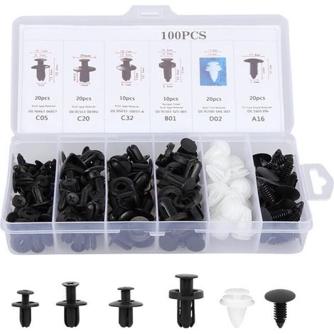 100Pcs Rivet Clips Plastique Voiture- Clips d'Aile en Plastique Universels - Clips Voiture Attaches de Pare Chocs Clips à Rivets Kit de Remplacement Vis d'Expansion avec Étui de Rangement (1/4)