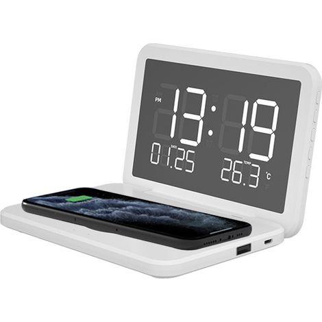 Réveil numérique avec chargeur sans fil, veilleuse, port USB, station de charge pour iPhone, idéal pour la chambre ou le salon, format 12/26 h, fonction snooze, blanc, blanc arctique. (1/5)