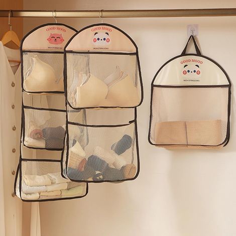 Lot de 3 sacs de rangement suspendus en maille respirante 40cm, 1/2/3 compartiments avec motifs chat/panda, organisateur pour dortoir et armoire (1/5)