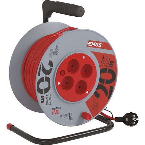 EMOS - Avvolgicavo 20 m - 4 prese Schuko - 230 V, 10 A, 2300 W - isolamento in PVC di alta qualità - H05VV-F3G 1,0 mm2 - protezione contro il surriscaldamento, freno bobina - IP20 per interni (1/4)