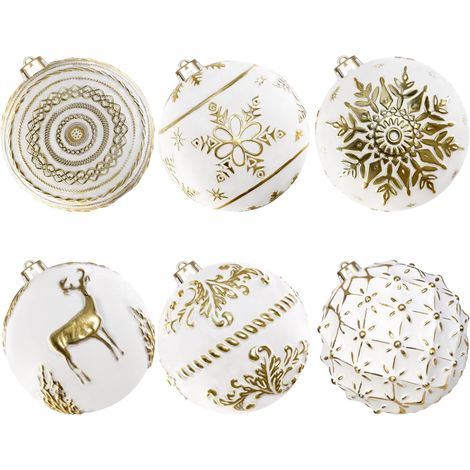 6 Pcs 15cm Grosse Boule de Noel Exterieur, Geante Boules Sapin Noël Plastique Incassables, Grande Boule Arbre en Motifs Relief Fil Suspension, Décoration Jardin Fêtes Patio, Or foncé & Blanc (1/5)