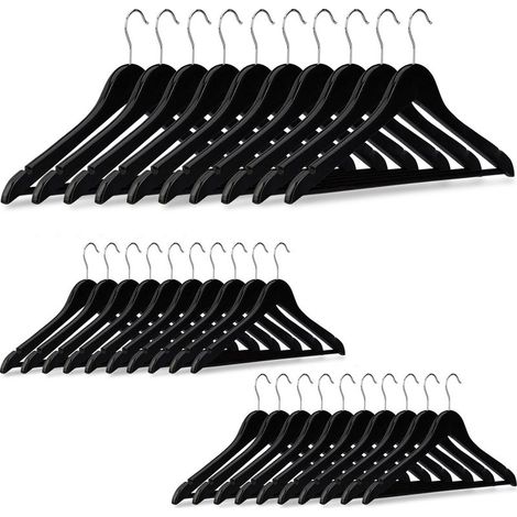 30 Cintres bois noir Relaxdays, crochet pivotant 360°, barre pantalon. Pour robes, jupes, vestes, chemises. (1/5)