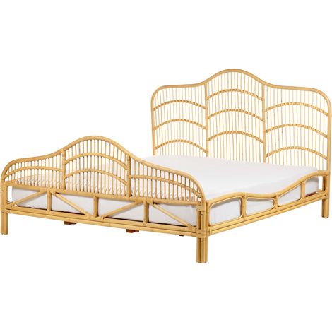 Base letto matrimoniale Boho EU 180x200 cm Rattan Mogano Testiera decorativa Telaio a doghe Intrecciato Legno chiaro Domeyrot