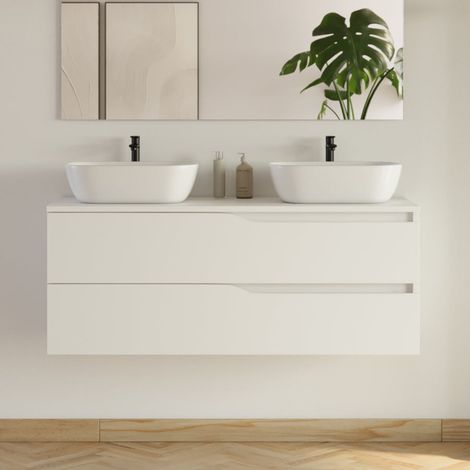 Meuble de salle de bain 120cm avec plateau et 2 vasques à poser Zeus - 2 tiroirs - sans miroir - blanc - LUNA (1/5)