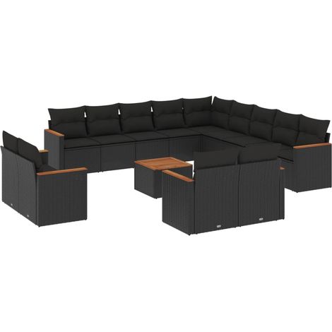Salon de jardin avec coussins 14 pcs noir résine tressée (1/3)