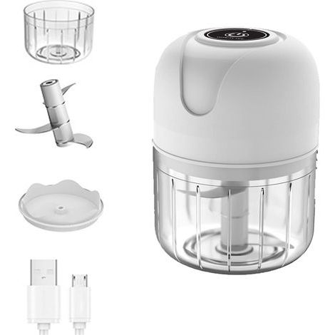 Mini hachoir à ail électrique, robot culinaire portable sans fil, mélangeur 250 ml Mini hachoir à ail pour ail, légumes, fruits, oignons, viande, salades, aliments pour bébés, condiments (Blanc 250ml) (1/4)
