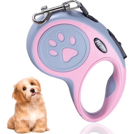 Laisse rétractable pour chien de 16 pieds, anti-emmêlement, verrouillage et déverrouillage à une main (rose-gris)