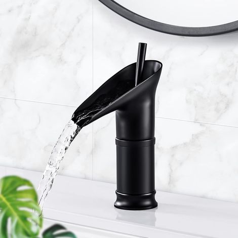 Grifo de baño de cascada, grifo de baño negro con grifo mezclador de lavabo de cascada fría y caliente, elegante grifo de lavabo de latón (negro) (1/4)