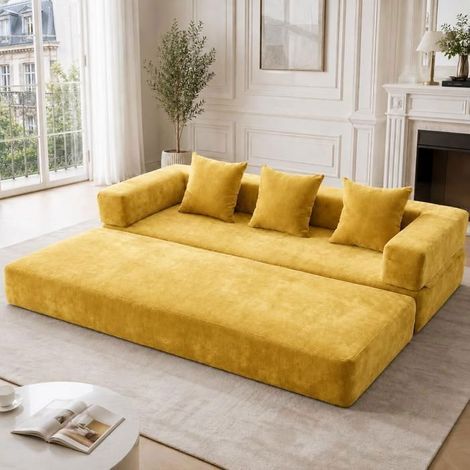 Canapé Convertible 3 Places Tissu Jaune Moutarde Avec 3 Coussins - Canapé-Lit - Pliable, Gain De Place, Design Moderne, Confortable. (1/5)