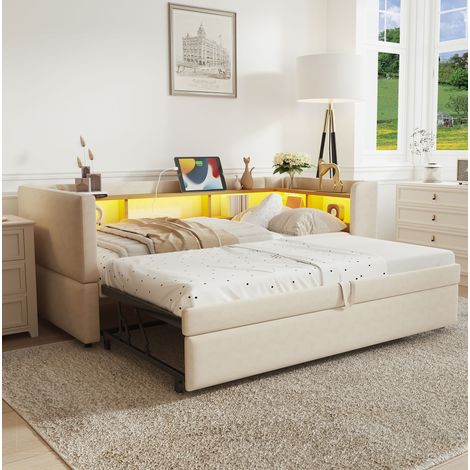Canapé-lit 211/199/80 cm beige en flanelle avec LED, prises et rangements (1/5)