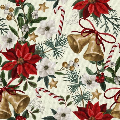 Telas decorativas para exteriores estilo Oxford con motivos de campanas y flores navideñas. (1/5)
