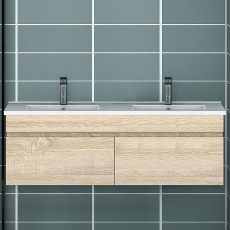 120cm Meuble vasque suspendu bois clair avec 2 portes (1/5)