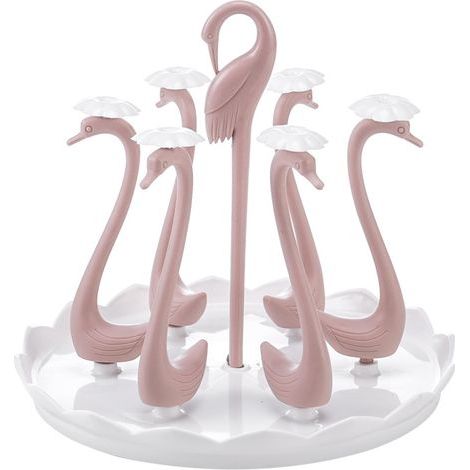 Escurridor de vasos rosa claro con forma de cisne, soporte para 6 vasos, hecho de plástico. (1/5)