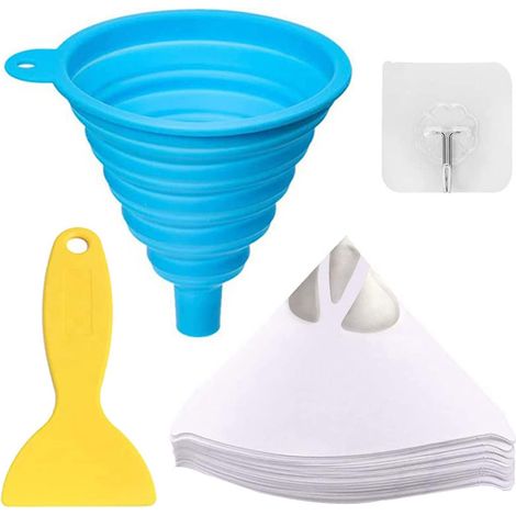 Lot de 70 filtres à peinture en papier jetables 100 microns pour imprimante 3D en résine avec entonnoir pliable en silicone, crochet, outil de nettoyage (1/5)