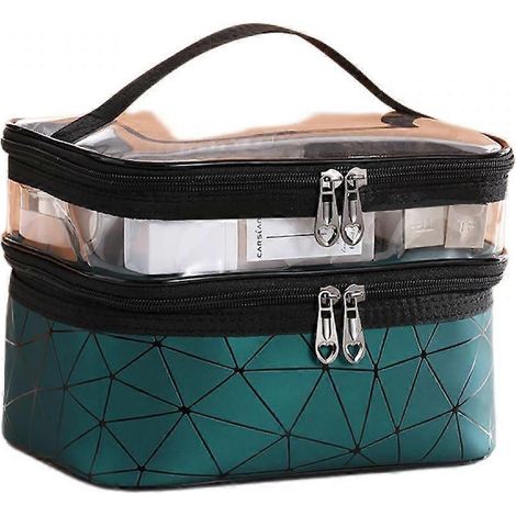 Trousse de toilette double couche, sac de maquillage de voyage transparent et portable (vert) (1/5)