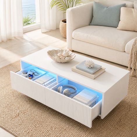 Tavolino da salotto LED 110 x 50 x 40 cm con 2 cassetti, MDF, bianco HAVRYA (1/5)