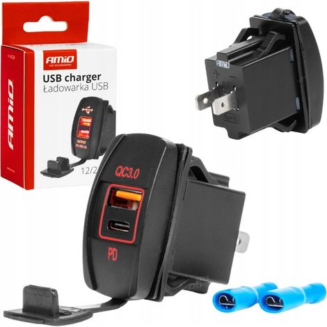 Caricabatterie da auto con prese USB, impermeabile, a forma di barca, USB + USB-C, QC3.0, 12V, 24V, amio-04229 (1/5)