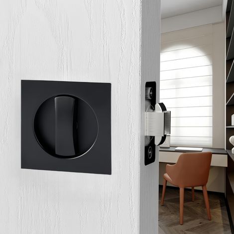 Verrou de porte de poche, quincaillerie pour porte de poche carrée, serrure de porte coulissante invisible sans clé (distance de 7,4 cm), serrures de porte de poche encastrées (noir mat, carré) (1/5)