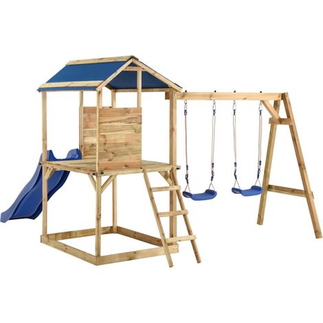 Vidaxl – Aire de jeux d'extérieur en bois de pin imprégné – 2 balançoires, échelle, toboggan – Sécurisé avec crochets en métal – Pour enfants jusqu'à 12 ans (1/5)