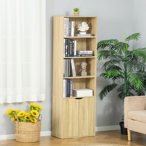 Bibliothèque armoire livres 4 compartiments ouverts 2 portes salon bureau 59×29×180 cm Bois naturel