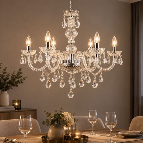 Kronleuchter Kristallbehang Pendelleuchte hängend Esszimmer Hängelampe Lüster, Chrom, 6x E14, DxH 67 x 166 cm (1/5)