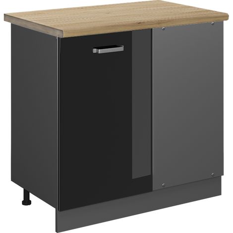 Meuble d'angle R-Line, Noir Haute brillance, 86 cm, PT Chêne, Vicco