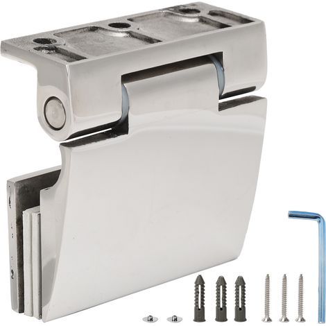 Charnière courbe unilatérale en acier inoxydable pour porte vitrée trempée de 8 à 12 mm, usage salle de bain. (1/5)