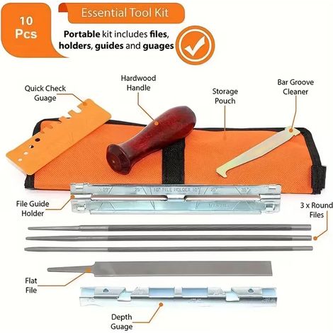 Kit professionnel d'affûtage de tronçonneuse de10 pièces - Fichiers de5/32",3/16",7/32", inclut un porte-fichier, une jauge de profondeur, un étui de rangement pour les lames de tronçonneuse affûtées.
