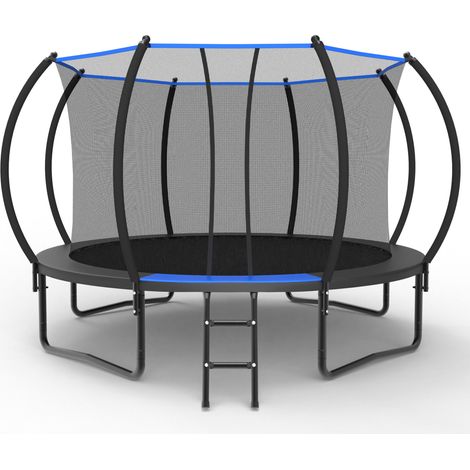 Trampolín redondo 366 cm con red de seguridad y escalera, acero, exterior, negro y azul (1/4)
