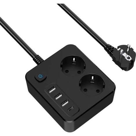 Multiprise 6-en-1 avec USB-C et Protection Surtension, Prises avec Interrupteur et 4 Ports USB, Câble Extension 2m, pour Maison, Bureau et Voyage (1/3)