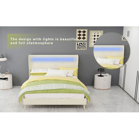 Lit double beige 140 x 200 cm avec tête de lit rembourrée à LED, base basse sans rangement et matelas inclus pour chambre (1/5)