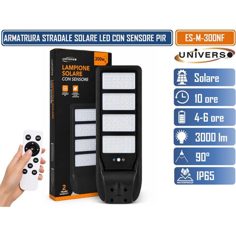 UNIVERSO ES-M-300NF LAMPIONE SOLARE LED 3000 LUMEN DA ESTERNO CON SENSORE DI MOVIMENTO PIR TLECOMANDO TIMER IP65 (1/5)