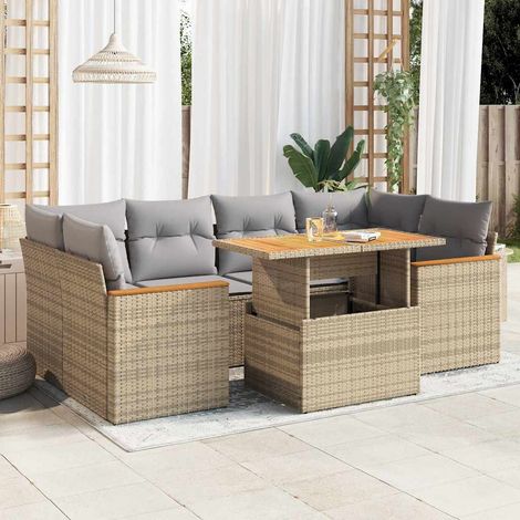 Salon de jardin 6 pcs avec coussins beige résine tressée acacia (1/5)
