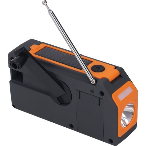 Tragbares Radio mit Solarstrom, Notladegerät, LED-Taschenlampe, IPX3-Wasserschutzklasse, Handkurbel, 5000-mAh-Akku, orange Farbe, japanische Version. (1/5)