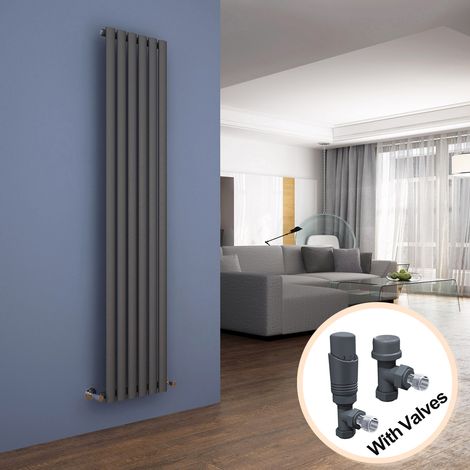 ELEGANT Vertical Radiator 1800 x 354mm Single Panel Designer Anthracite Oval Column Heating Rad with Thermostatic Radiator Valves (1/5)