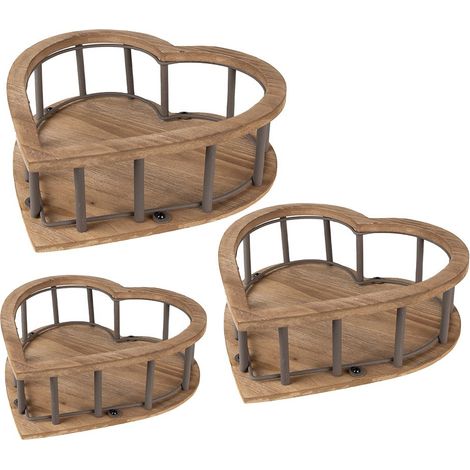 Lot de 3 paniers de rangement en bois marron en forme de cœur style champêtre - PANGIVO (1/3)